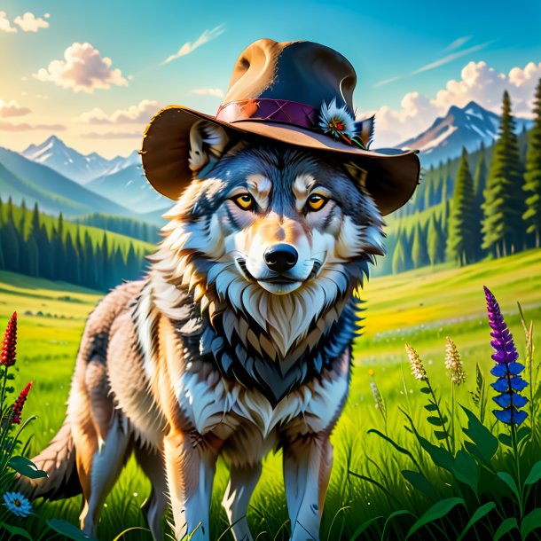 Pic of a wolf in a hat in the meadow