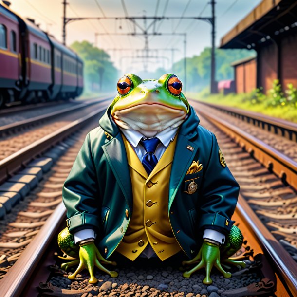 Picture of a frog in a jacket on the railway tracks