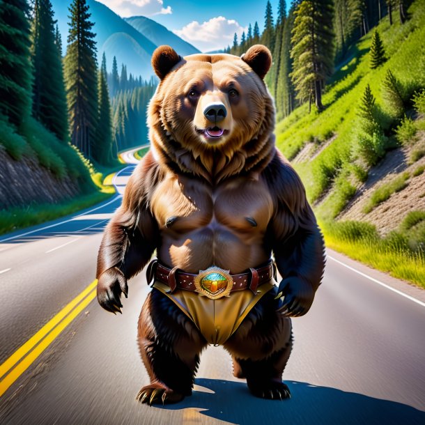 Image of a bear in a belt on the road