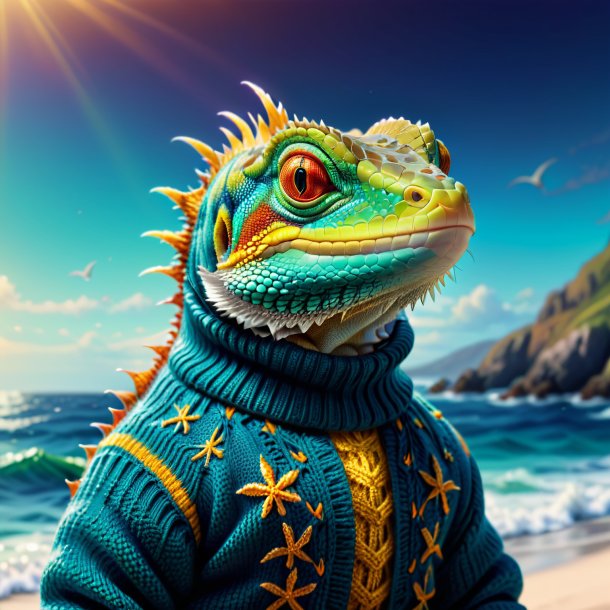 Illustration of a lizard in a sweater in the sea