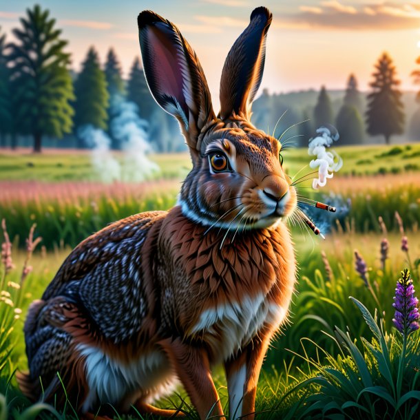 Photo of a smoking of a hare in the meadow