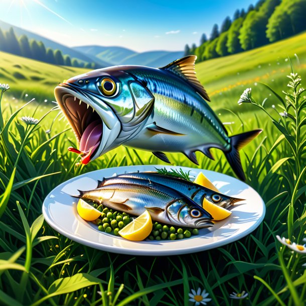 Pic of a eating of a sardines in the meadow