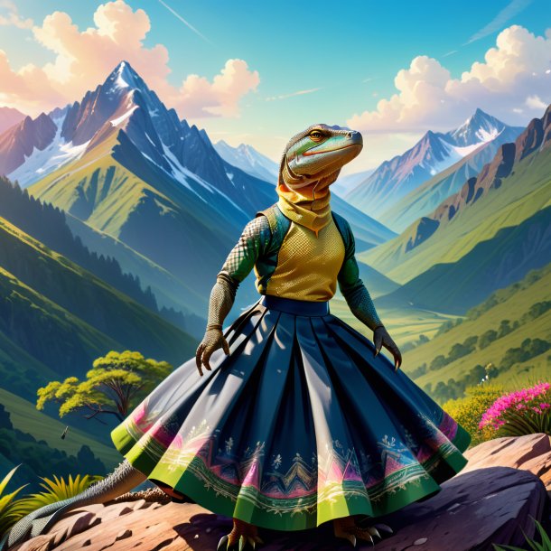 Illustration of a monitor lizard in a skirt in the mountains