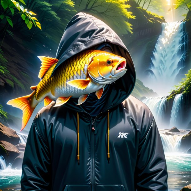 Picture of a carp in a hoodie in the waterfall