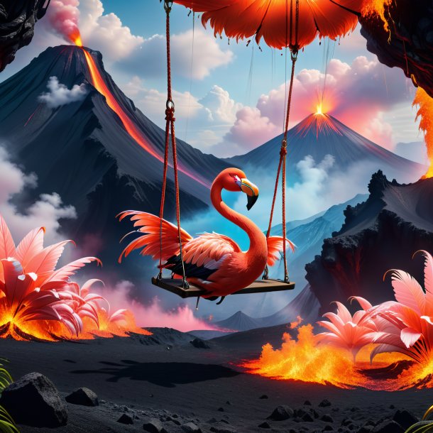 Picture of a swinging on a swing of a flamingo in the volcano