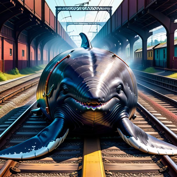 Drawing of a whale in a belt on the railway tracks