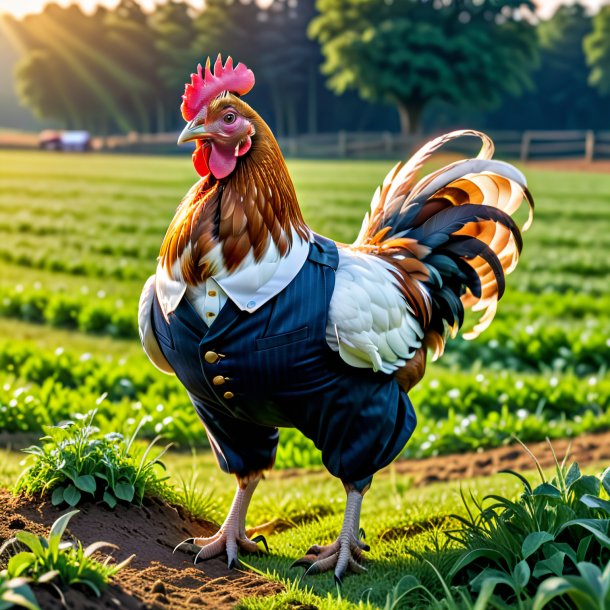 Foto de una gallina en un pantalón en el campo