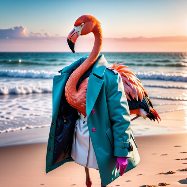 Foto de um flamingo em um casaco na praia