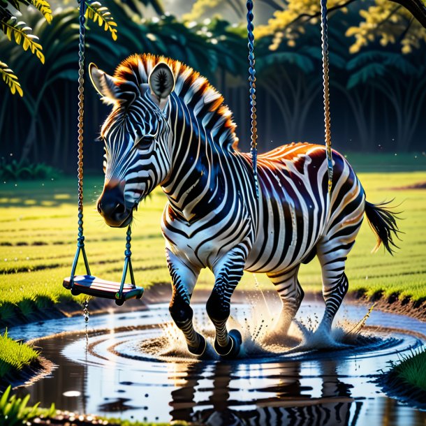 Picture of a swinging on a swing of a zebra in the puddle