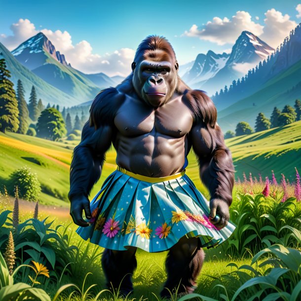 Photo of a gorilla in a skirt in the meadow