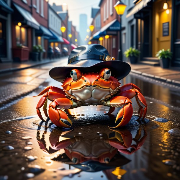 Image d'un crabe dans un chapeau dans la flaque