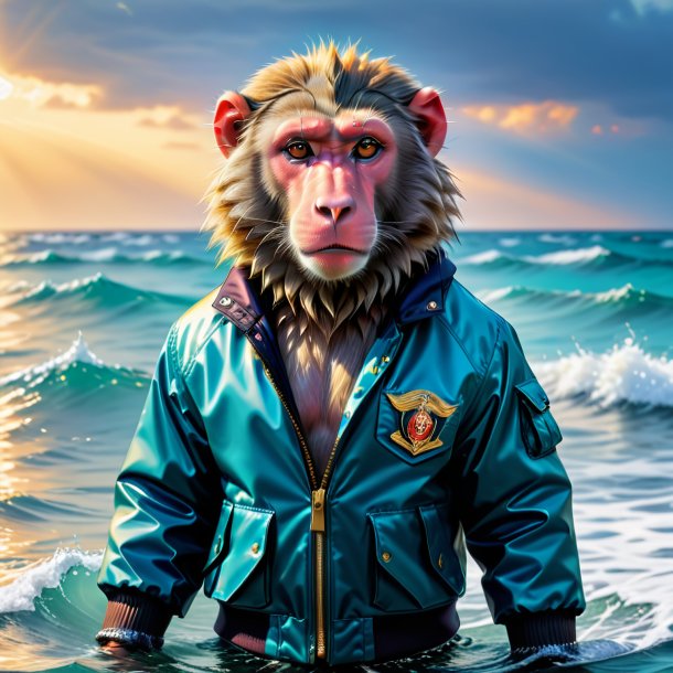 Picture of a baboon in a jacket in the sea