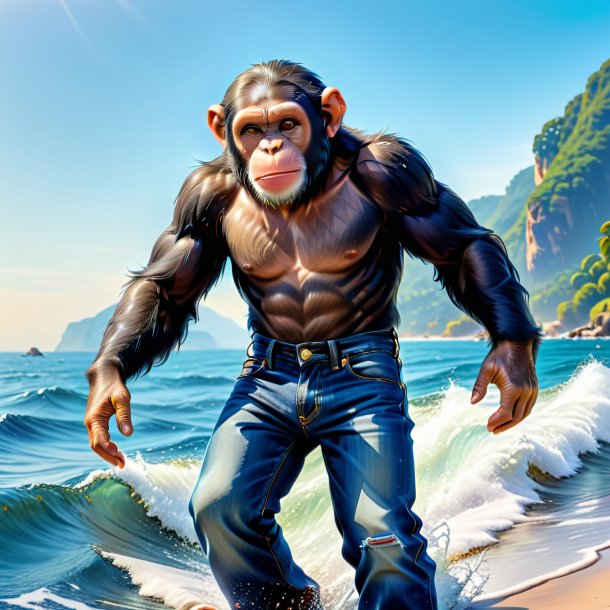 Picture of a chimpanzee in a jeans in the sea