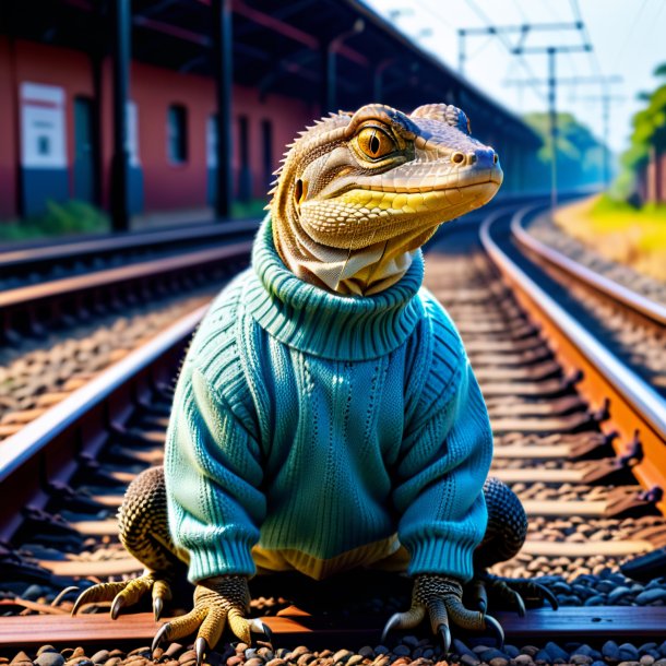 Foto de un lagarto monitor en un suéter en las vías del tren