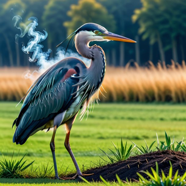 Image of a smoking of a heron on the field