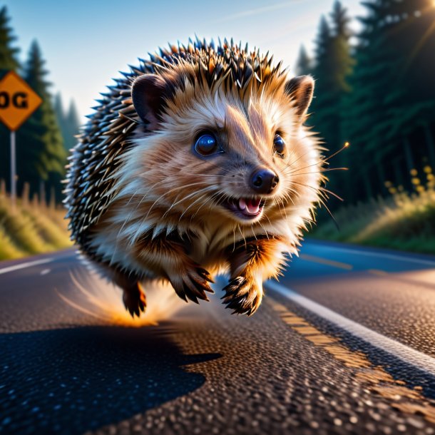 Image of a jumping of a hedgehog on the road