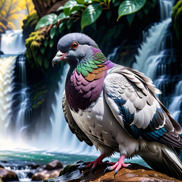 Picture of a pigeon in a coat in the waterfall