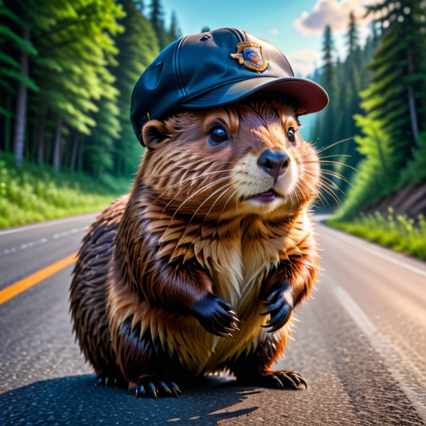 Pic of a beaver in a cap on the road