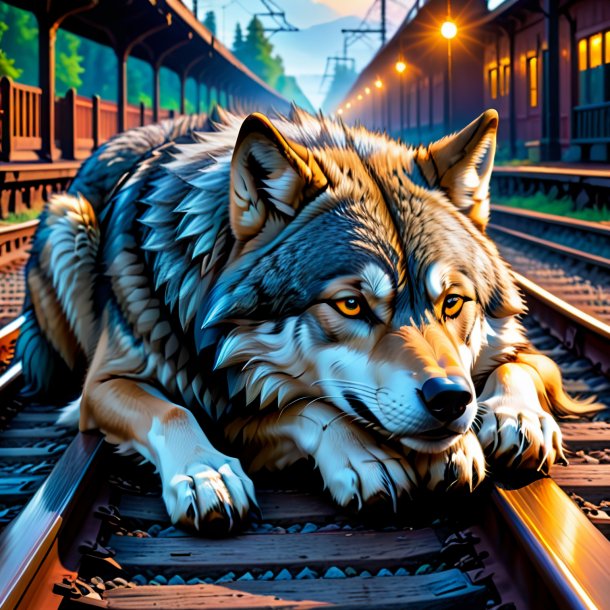 Picture of a sleeping of a wolf on the railway tracks