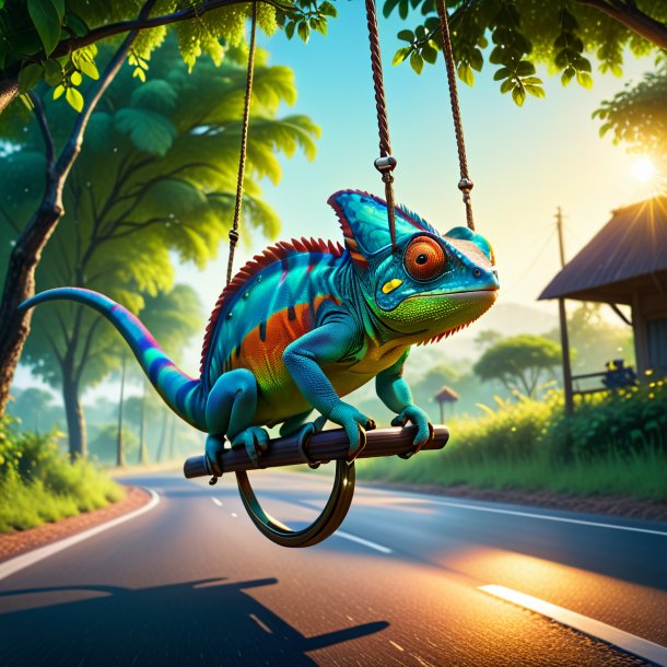 Image of a swinging on a swing of a chameleon on the road