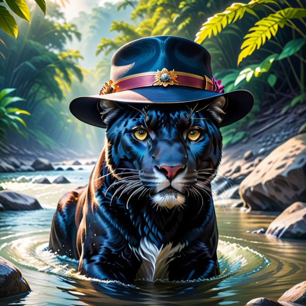 Picture of a panther in a hat in the river