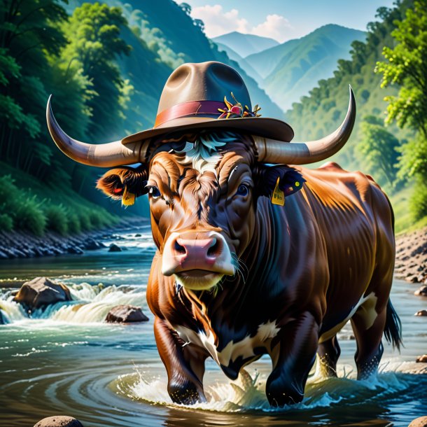 Imagen de un toro en un sombrero en el río