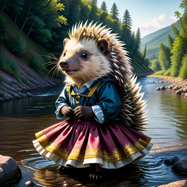 Illustration of a porcupine in a skirt in the river