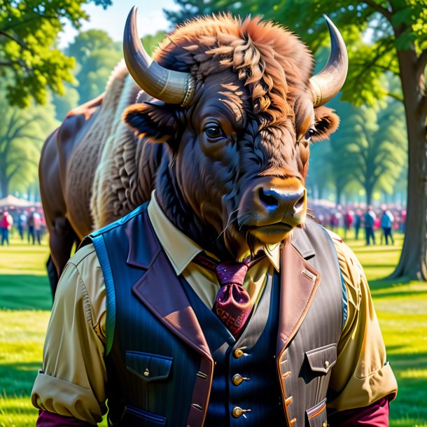 Photo of a bison in a vest in the park