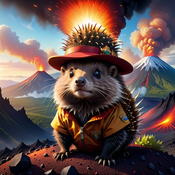 Illustration of a porcupine in a hat in the volcano