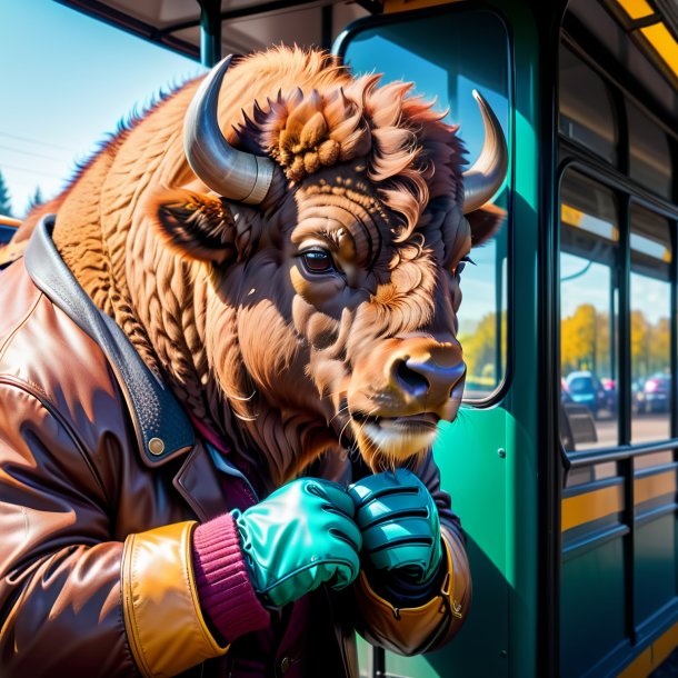 Foto de un bisonte en guantes en la parada de autobús