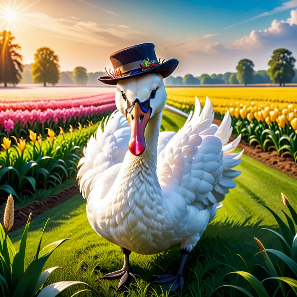 Pic of a swan in a hat on the field