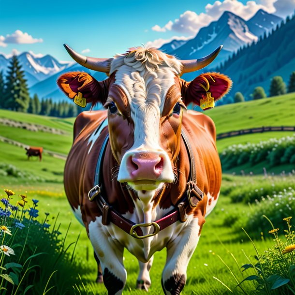 Pic of a cow in a belt in the meadow