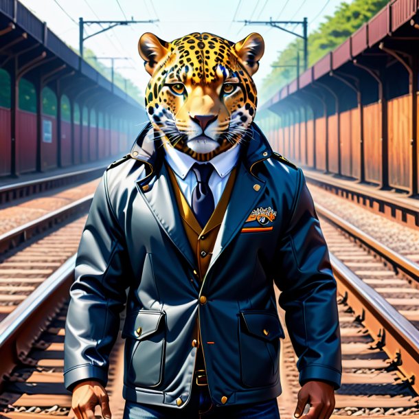 Drawing of a jaguar in a jacket on the railway tracks