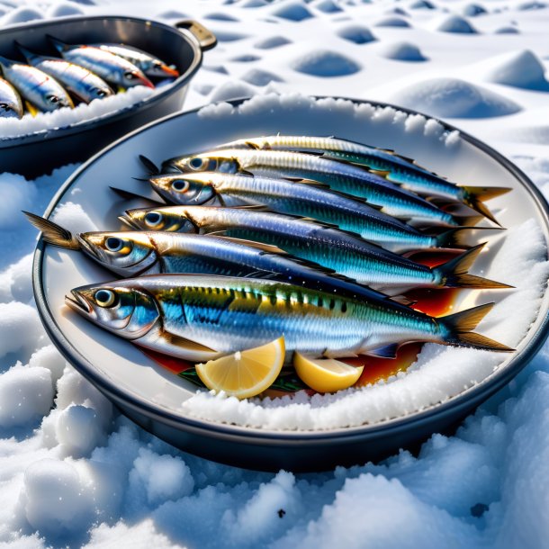 Pic of a resting of a sardines in the snow