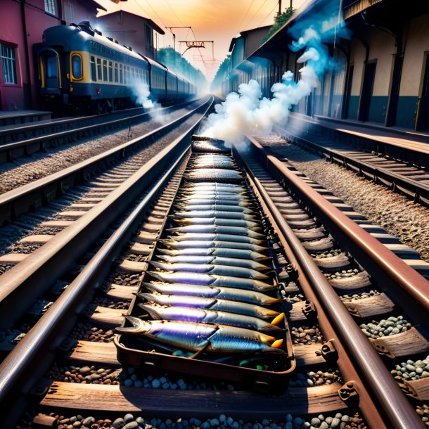 Image of a smoking of a sardines on the railway tracks