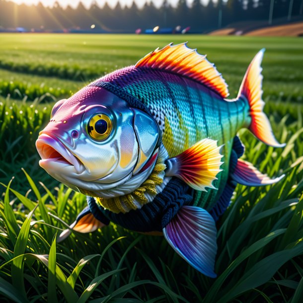 Image of a fish in a sweater on the field