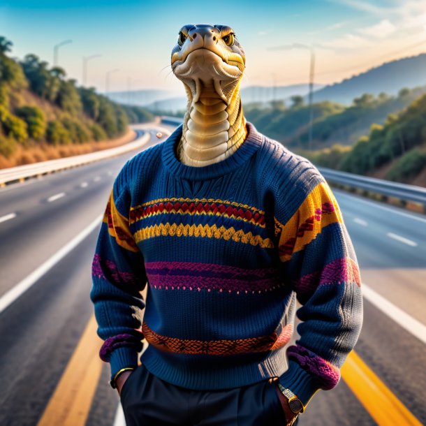 Photo of a king cobra in a sweater on the highway