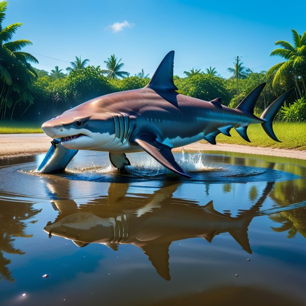 Foto de una natación de un tiburón martillo en el charco