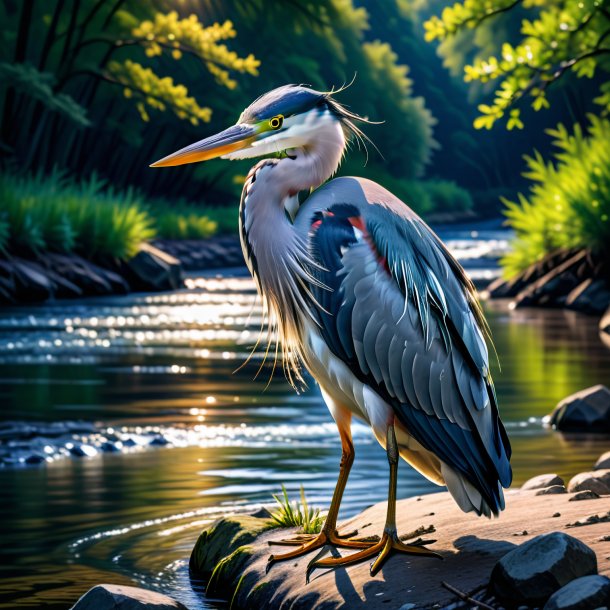 Picture of a heron in a jacket in the river