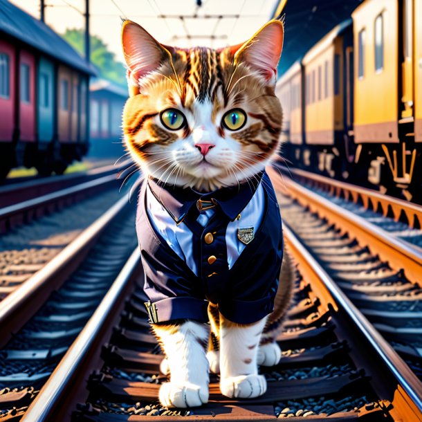 Picture of a cat in a trousers on the railway tracks