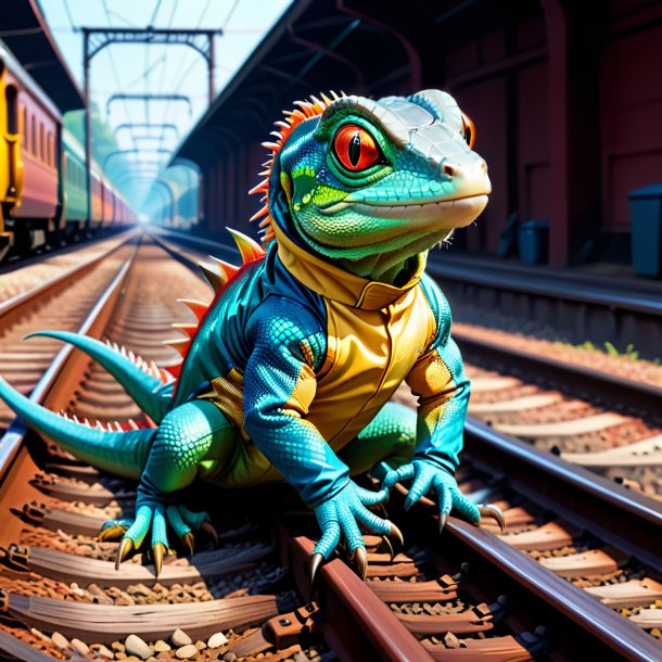 Desenho de um lagarto em luvas nos trilhos ferroviários