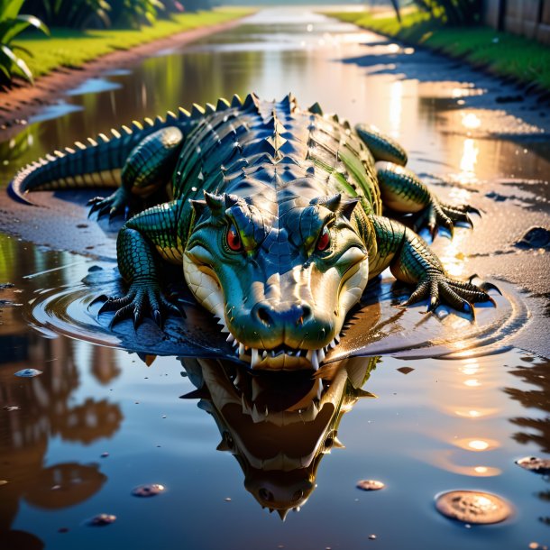 Picture of a playing of a crocodile in the puddle