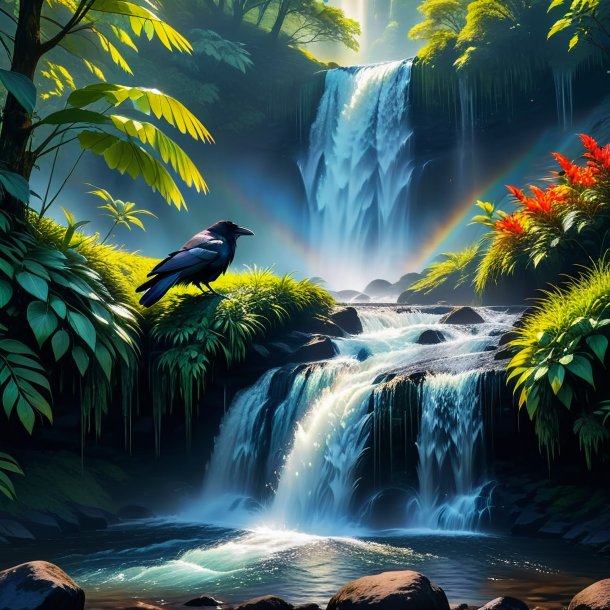 Photo of a sleeping of a crow in the waterfall