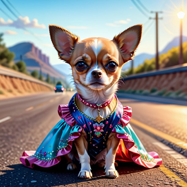 Dibujo de un chihuahua en un vestido en el camino