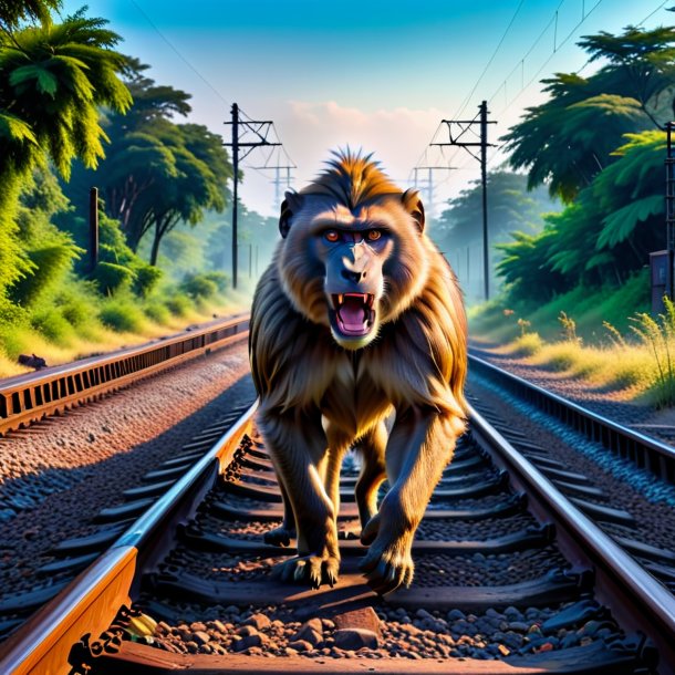 Pic of a angry of a baboon on the railway tracks