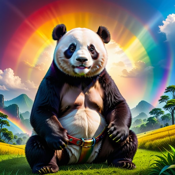 Photo of a giant panda in a belt on the rainbow