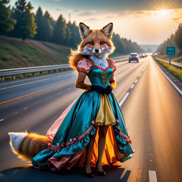 Imagem de uma raposa em um vestido na estrada