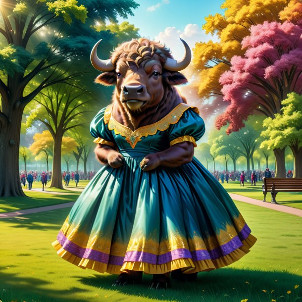 Drawing of a buffalo in a dress in the park