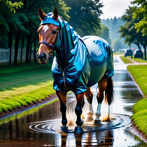 Foto de un caballo en una sudadera con capucha en el charco