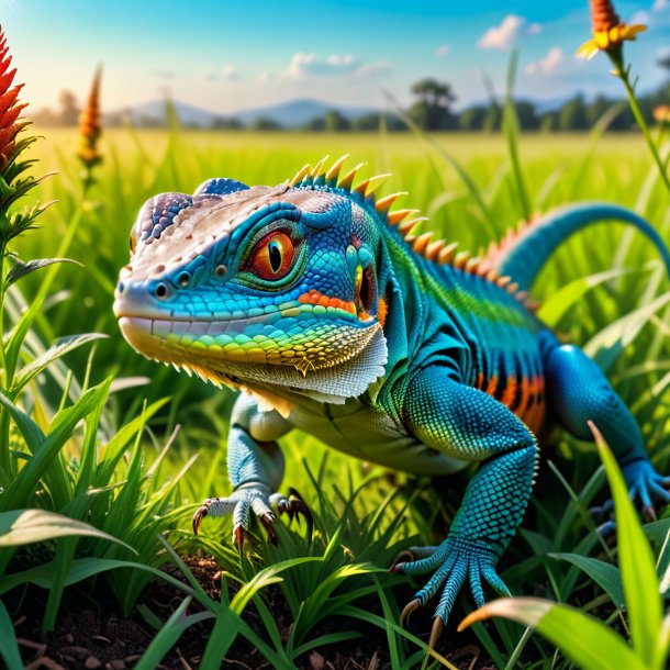 Foto de una amenaza de un lagarto en el prado